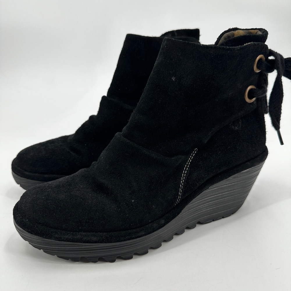 Fly London Black Suede Wedge Ankle Boots Lace Up‎ Back Womens Platform Size 38